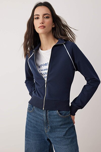 Trendyol Collection Синій приталений/облягаючий трикотажний світшот на блискавці TWOAW26SW00190