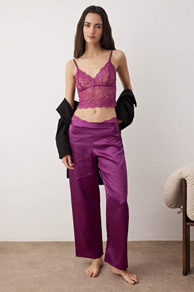 Trendyol Collection Purple 3-Piece Dowry Set Top Lace, Bottom Satin Suspender Panty Woven Pajama Set Thmaw26Pt00077