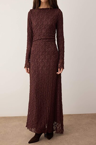 Trendyol Modest Brown Lined Lace Fabric Knitted Dress Tctaw26Eb00053
