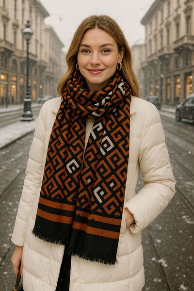 FELLMENS Γυναικείο σάλι με σχέδιο αλυσίδας καφέ