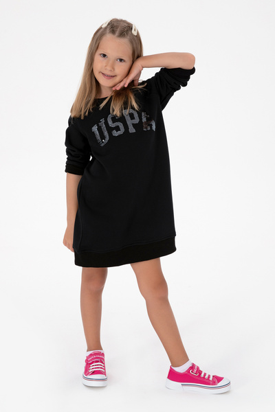 U.S. Polo Assn. Kız Çocuk Siyah Payet Detaylı Bisiklet Yaka Sweat Örme Elbise 50314313-VR046