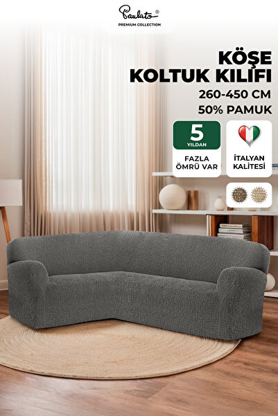 Paulato Lastikli Esnek ve Yıkanabilir L Köşe Koltuk Örtüsü Çekyat Kanepe Kılıfı - Gri