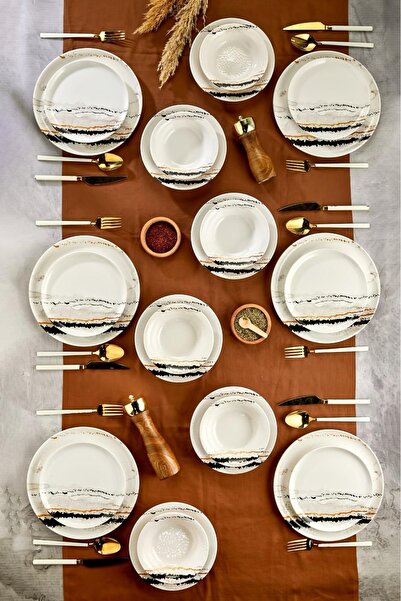 ers erbaşlar GLOSS MERMER SİYAH 24 Parça 6 Kişilik Lük Yemek Takımı Yemek Sunum Seti