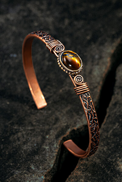 OSMANLI GÜMÜŞ Bakır Kelepçe Bilezik Kaplan Gözü Doğal Taş Erkek Kadın Doğal Taşlar Ve Metal Kutulu