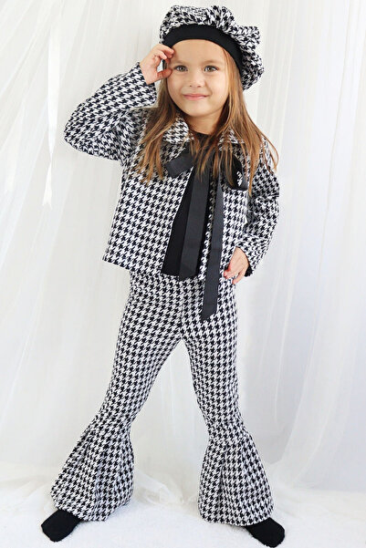 Parla Kids Girl's Black Lisbon Jacquard Plaid Jacket Trousers Cap Bottom Top New Year's Set