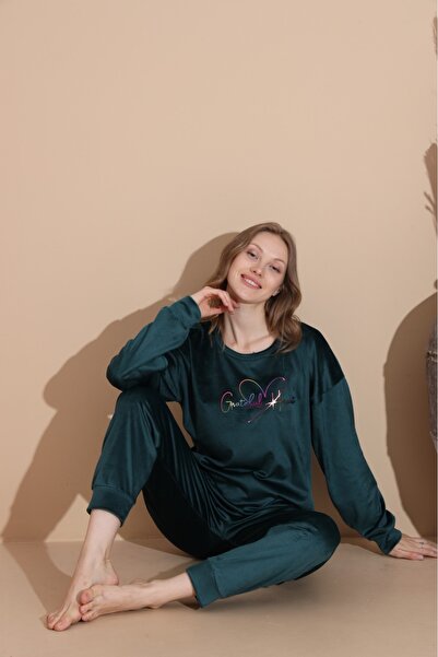 Temporium Дамски комплект пижама от френски кадифе с дълъг ръкав и кръгло дек...