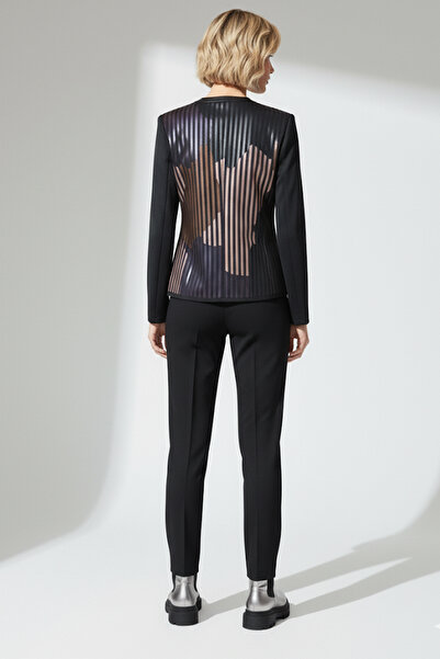 Deriderim Beige Cream Black Lona Tulle Striped Leather Printed Women's Genuine Leather Jacket