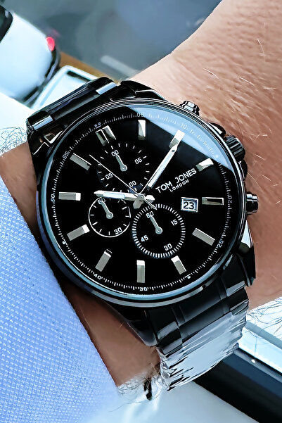 Tom Jones ساعة يد رجالية مقاومة للماء 3 Atm، سوار فولاذي أسود اللون Tje2055c1