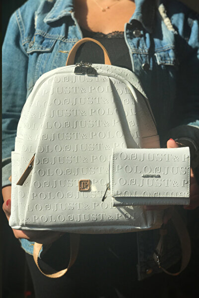 Just Polo Large Size Women's Backpack with 9 Compartments, White and Tan Combination, Suitable for Daily Use 4040