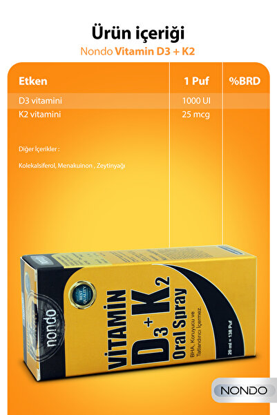 Nondo Vitamins Vitamin D3 K2 İkisi Bir Arada Sprey 20 ml 138 Puf