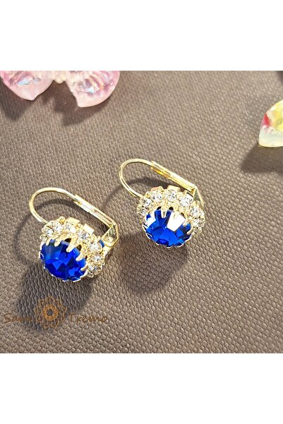 saratremo Cercei clasici placați cu aur – floare mare cu cristal de zirconiu indigo