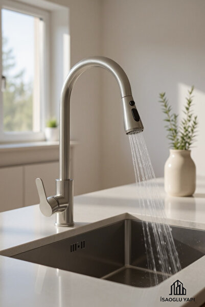 İSAOĞLU YAPI Spiralli Armatür Spiralli Musluk Uzayan Sistem Mutfak Bataryası Mat Krom İnox Renk Musluk