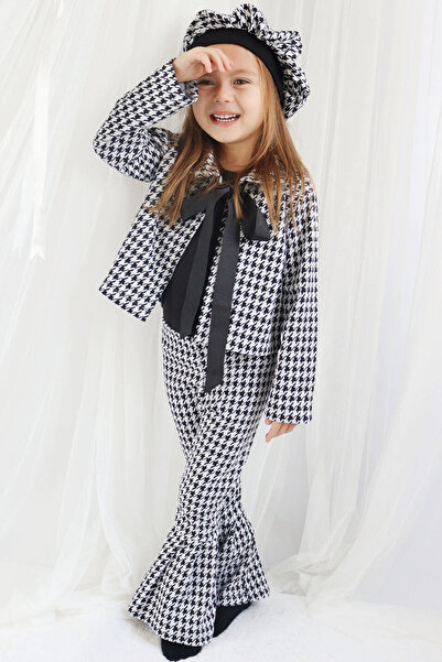 Parla Kids Girl's Black Lisbon Jacquard Plaid Jacket Trousers Cap Bottom Top New Year's Set