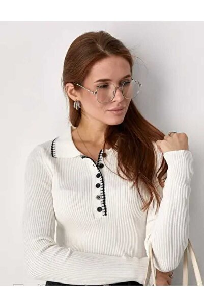 NOTCHTR Women's White Polo Neck Buttoned Knit Sweater