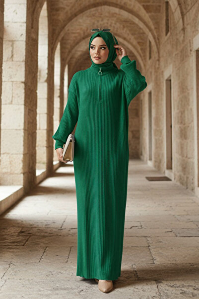 Neva Style Zümrüt Yeşili Tesettür Triko Elbise 4852zy
