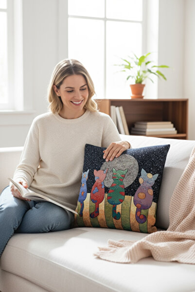 Chintar Jakarlı Goblen Pano Dokuma Picasso Kedi Dekoratif Kırlent / Yastık Kı...