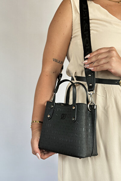 Just Polo Premium Embossed Printed 4 Compartment Women's Hand and Shoulder Bag - 24X24Cm 4095 Jeans Combination