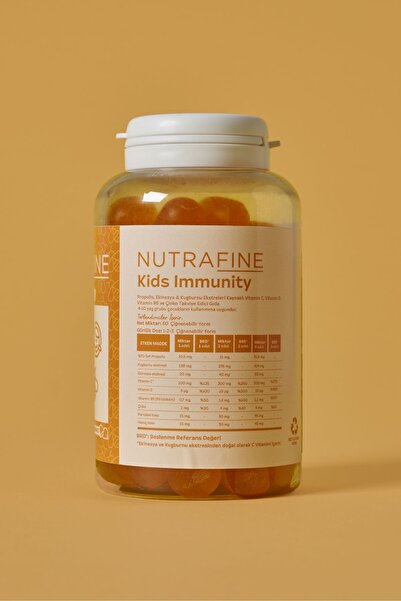 Nutrafine Kids Immunity Gummy, Çocuklar için Propolis, Ekinezya, Vitamin C+D+B6,Çinko ile Çiğnenebilir Gummies