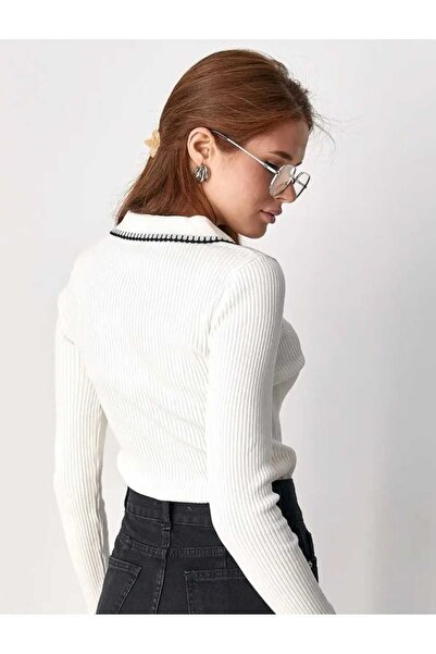 NOTCHTR Women's White Polo Neck Buttoned Knit Sweater