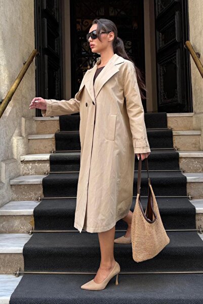 Madmext Bej Düğmeli Kruvaze Yaka Kadın Uzun Trençkot Mg2510