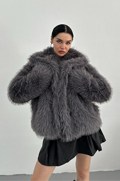 AKD Atelier Blană pentru femei, elegantă, cu guler larg, căptușită, cu nasturi, blană premium