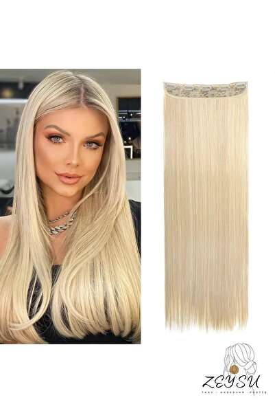 Zeysum Açık Küllü Sarı Yarımay Saç Düz Çıtçıtlı Postiş Takma Saç 60cm 120 gr Isıya Dayanıklı