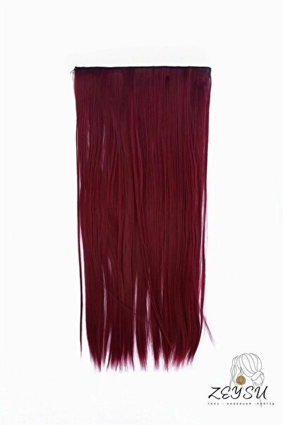 Zeysum Şarap Kızılı Düz Saç Çıtçıtlı Postiş Takma Saç 60 Cm 110gr Isıya Dayanıklı Yarımay