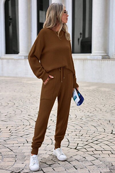 VAGGON Női Mink kötöttáru, hosszú ujjú blúz és fűzős kocogónadrág szett Vs00935