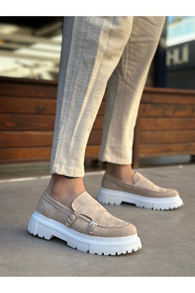 BOA Ba0242 Classic High Sole Cream Suede Men's Shoes with Buckle