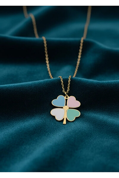 Rednose Mineli Yonca Şans Gold Çelik Kolye modern stil gece günlük abiye zari...