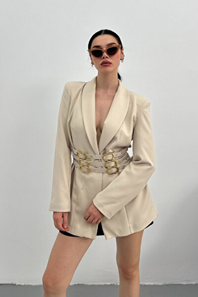 AKD Atelier Γυναικείο μπλέιζερ παλτό Κομψό μπουφάν με διπλό γιακά, με λεπτομέρεια από χρυσή ζώνη