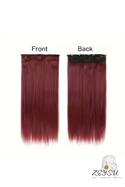 Zeysum Şarap Kızılı Düz Saç Çıtçıtlı Postiş Takma Saç 60 Cm 110gr Isıya Dayanıklı Yarımay