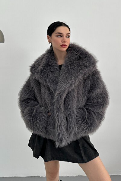 AKD Atelier Blană pentru femei, elegantă, cu guler larg, căptușită, cu nasturi, blană premium