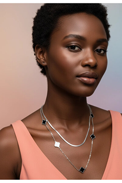 Rednose İki Sıralı Çift Taraflı Yonca Çelik Kolye modern stil gece günlük abi...