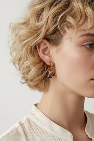 Rednose Shakira Taşlı Gold Mor Çelik halka sallantılı küpe stil gece abiye za...