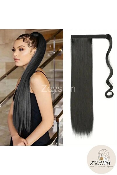 Zeysum Siyah At Kuyruğu Saç Düz Cırtcırtlı Takma Postiş Saç 60 Cm Isıya Dayan...