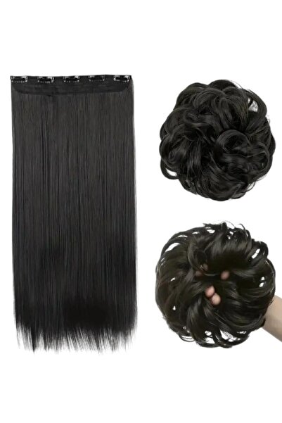 Zeysum İkili Set - Koyu Siyah Düz Yarımay Çıtçıt Saç ve Dağınık Topuz Lastik ...