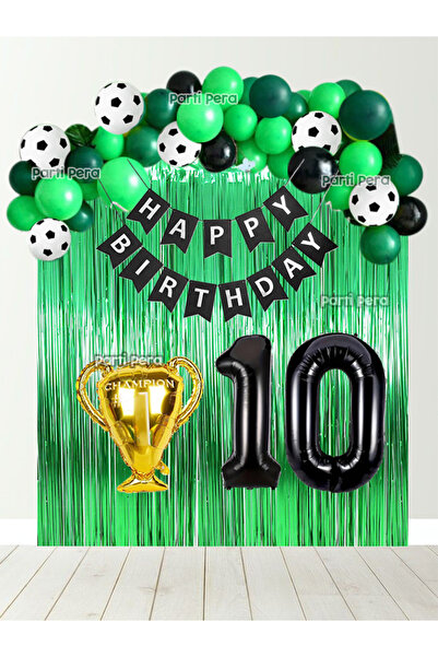 parti pera Futbol Temalı Doğum Günü Balon Seti Yeşil Arka Fon Perde Siyah Rak...