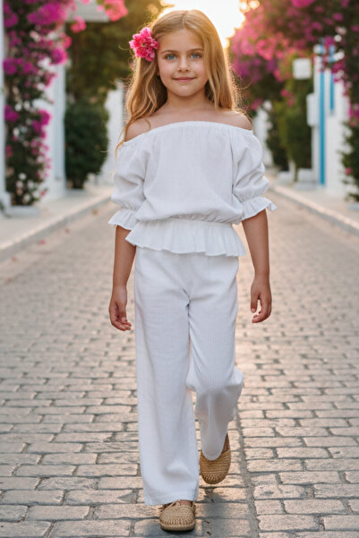 Parla Kids Gloria Girl's White Sile Cloth Blouse and Pants Set