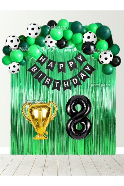 parti pera Futbol Temalı Doğum Günü Balon Seti Yeşil Arka Fon Perde Siyah Rak...