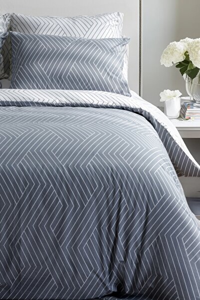 Leruum London Gray Duvet Cover Set Single Striped Cotton Ranforce Duvet Cover 1 Pillowcase Set Double-Sided