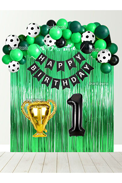 parti pera Futbol Temalı Doğum Günü Balon Seti Yeşil Arka Fon Perde Siyah Rak...