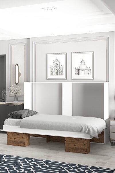 Ninnimo Akıllı Still 90x190 Yatak Uyumlu Yatay Açılır Duvar Yatağı Beyaz Antik Çam Karyola