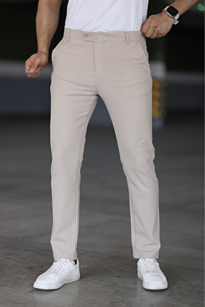 Gussi Erkek Krem Renk Kaliteli Esnek Likralı Slim Fit Kumaş Pantolon