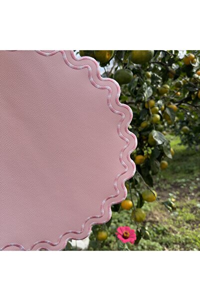 Table Alp Suni Deri | Pembe Nakışlı Amerikan Servis Takımı • 6 Parça • | Yuvarlak | Lüks Yemek Masası Takımı