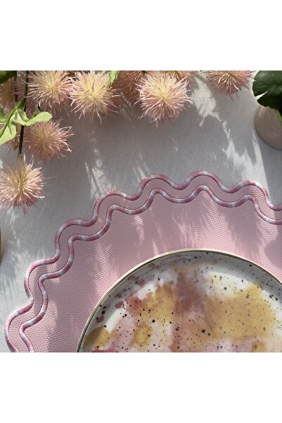 Table Alp Suni Deri | Pembe Nakışlı Amerikan Servis Takımı • 6 Parça • | Yuvarlak | Lüks Yemek Masası Takımı