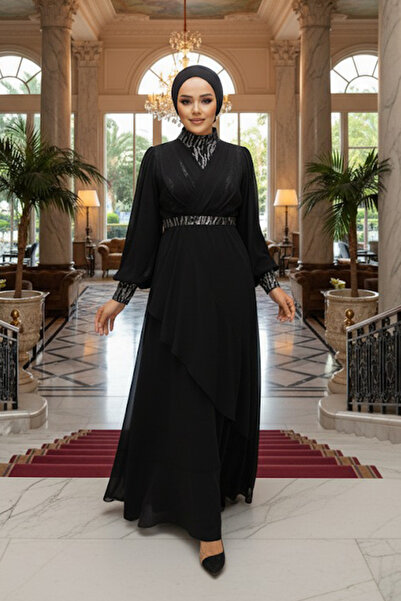 Neva Style Black Hijab Evening Dress with Bead Detail 22201S