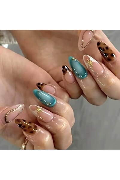 PİRAYE AKSESUAR 24'lü Leopar ve Gold Baskı Detaylı Gold Charmlı Uzun Badem Mo...