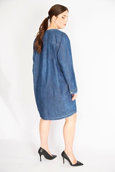 Şans Жіноча темно-синя сукня великого розміру з ефектом прання, з переднім клапаном на кнопках, джинсова тканина 65n36397