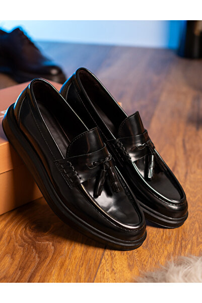 Deery Мъжки удобни черни кожени обувки Loafers